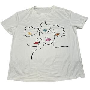 Greathe Women’s Graphic T-Shirt Abstract Faces Print White Tee Size S